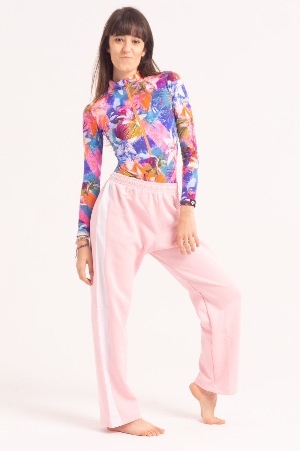 Maillot de Danza Contemporánea de Manga Larga y Short - Blue-Pink Tropical