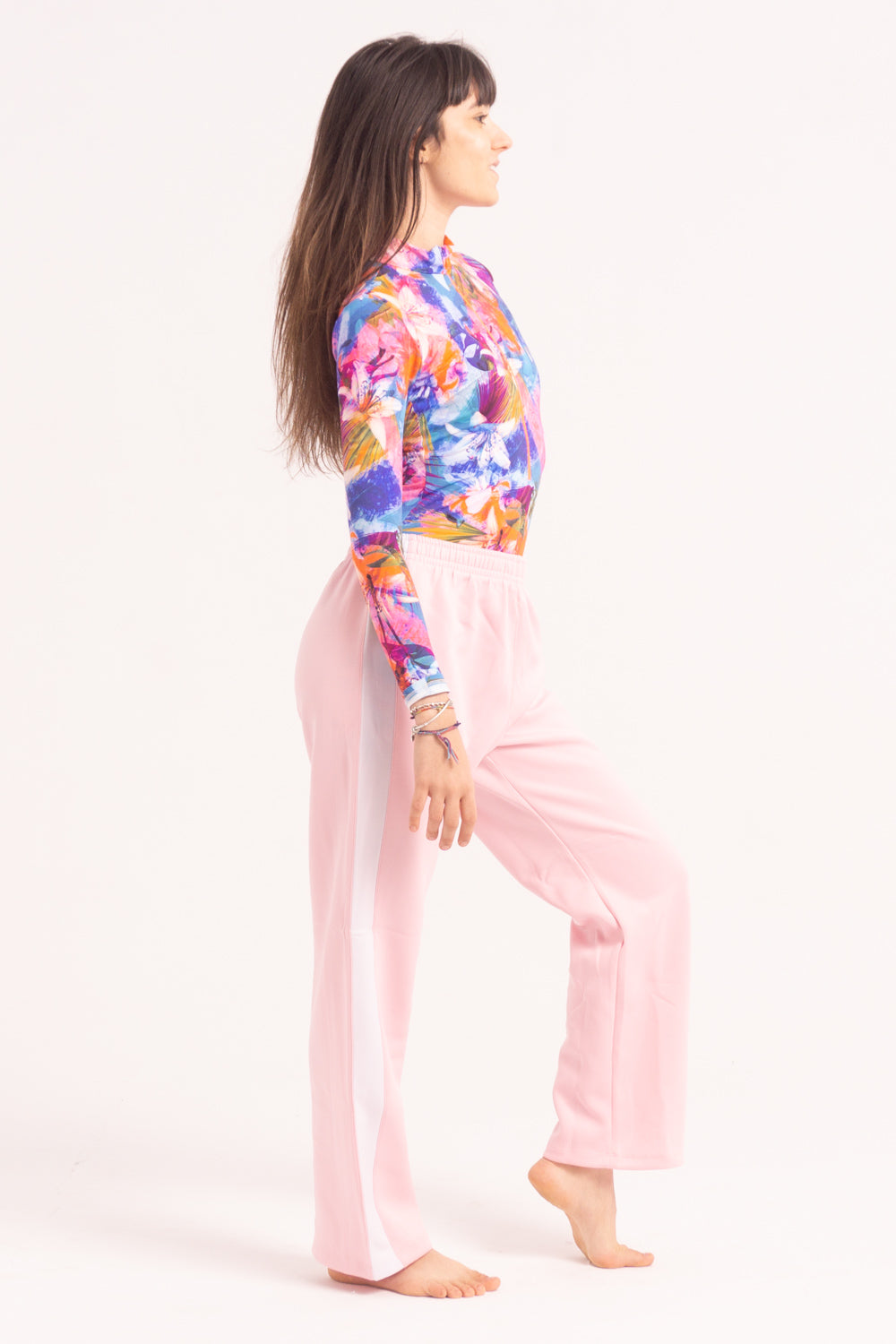 Maillot de Danza Contemporánea de Manga Larga y Short - Blue-Pink Tropical