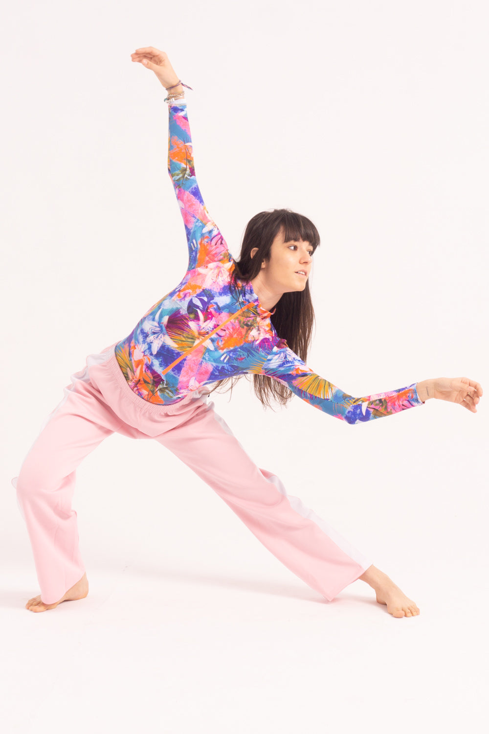 Maillot de Danza Contemporánea de Manga Larga y Short - Blue-Pink Tropical