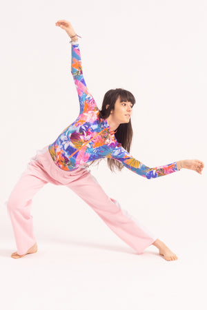 Justaucorp de Danse Contemporaine - Manches Longues et Short -Bleu Rose Tropical