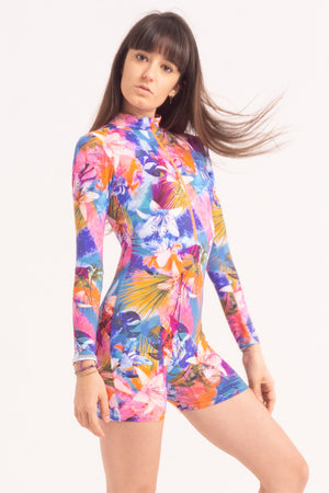 Justaucorp de Danse Contemporaine - Manches Longues et Short -Bleu Rose Tropical