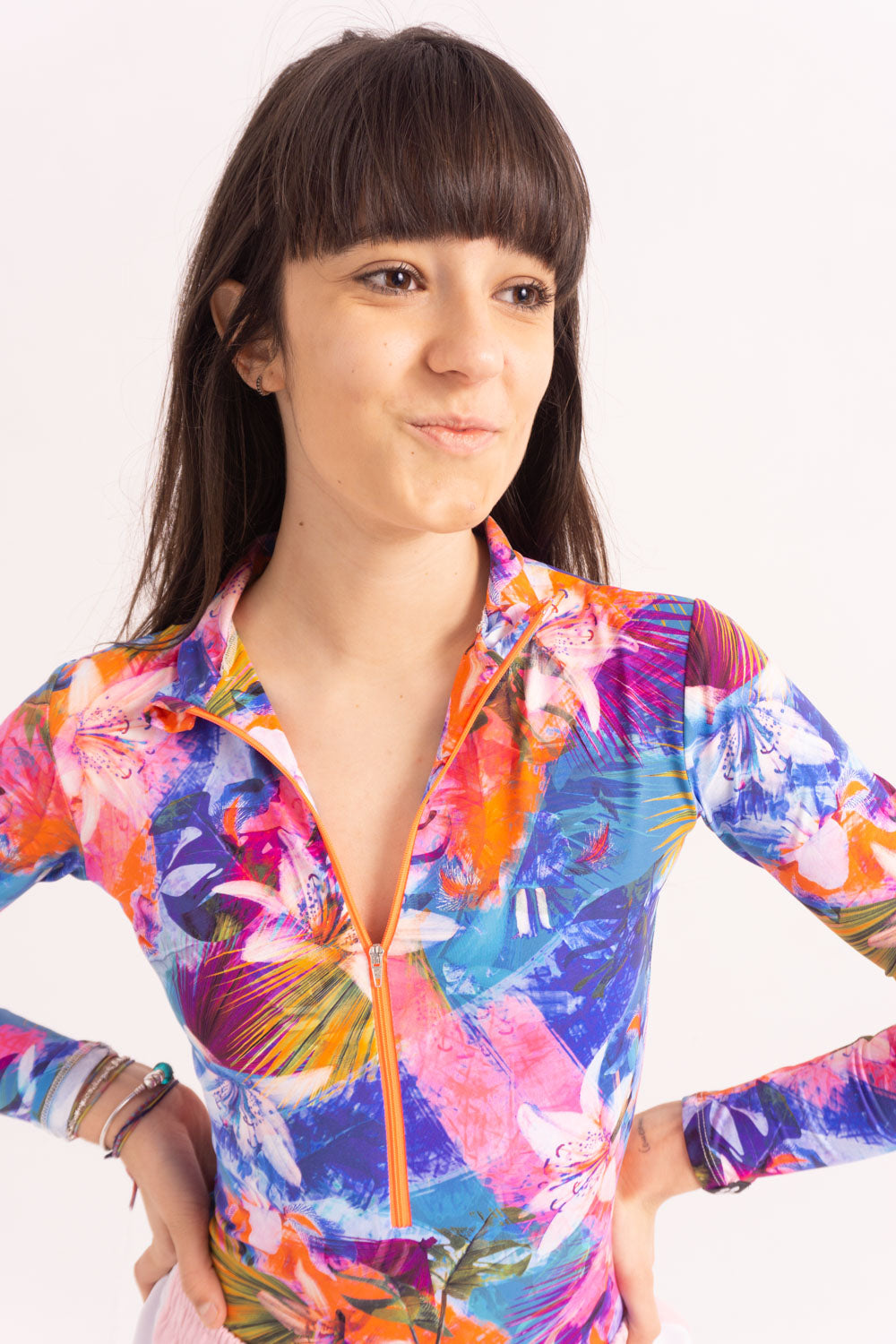 Maillot de Danza Contemporánea de Manga Larga y Short - Blue-Pink Tropical