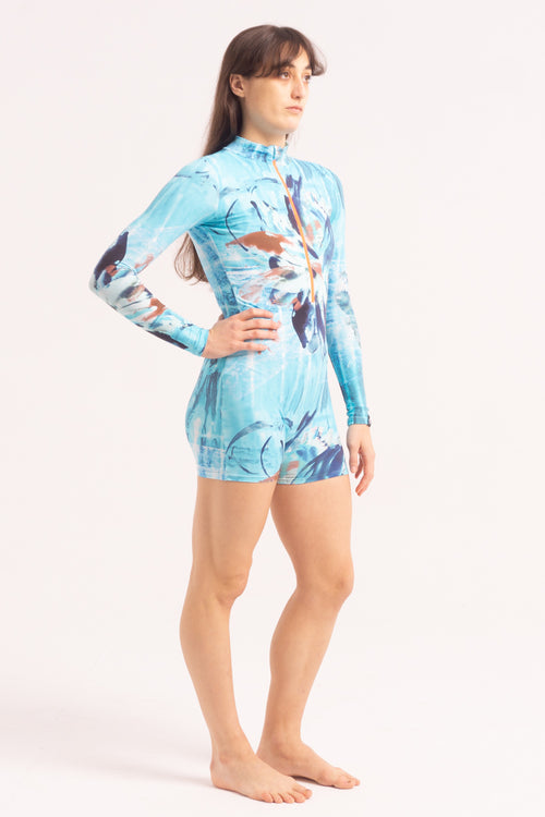 Maillot de Danza Contemporánea de Manga Larga y Short - Blue Surf