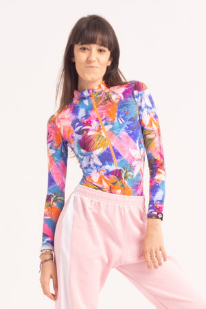 Justaucorp de Danse Contemporaine - Manches Longues et Short -Bleu Rose Tropical