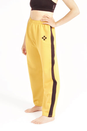 Flying Dance Pants es un pantalón de danza técnico unisex para entrenamiento de baile, danza contemporánea, acrobacia, yoga, artes marciales, pilates y cualquier disciplina vinculada al movimiento. Ideal para el trabajo de suelo, con un tejido resistente, deslizante y super absorbente. Color Mostaza y Negro.